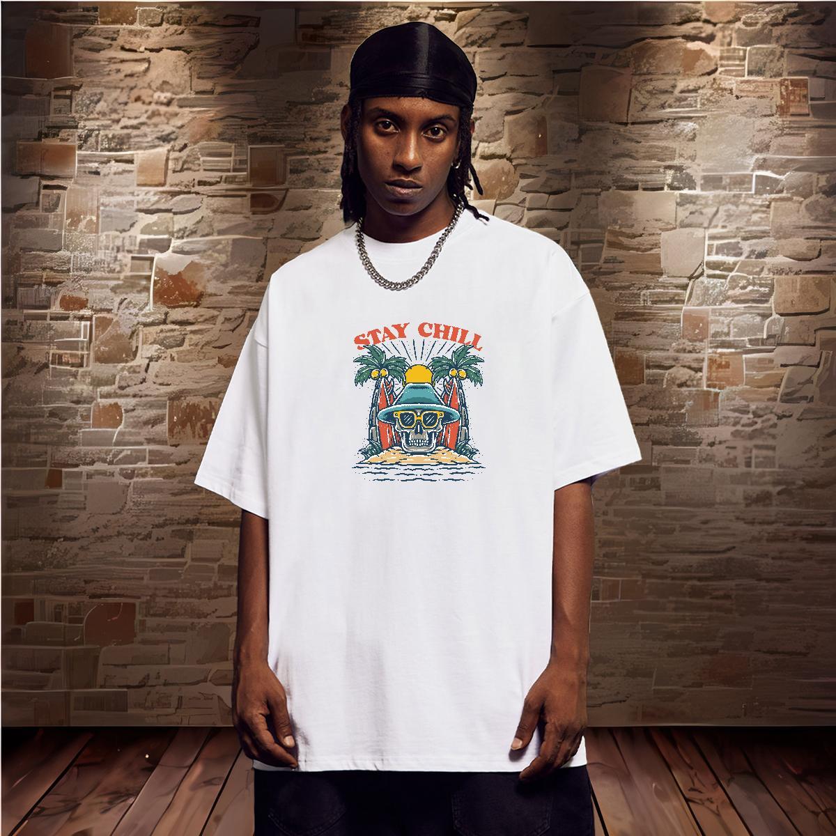 Loose T-Shirts for Men 230g Pure Cotton skull Street wear Hip Hop Asian Size Short Sleeve O-Neck Men Tshirts Designer Polos