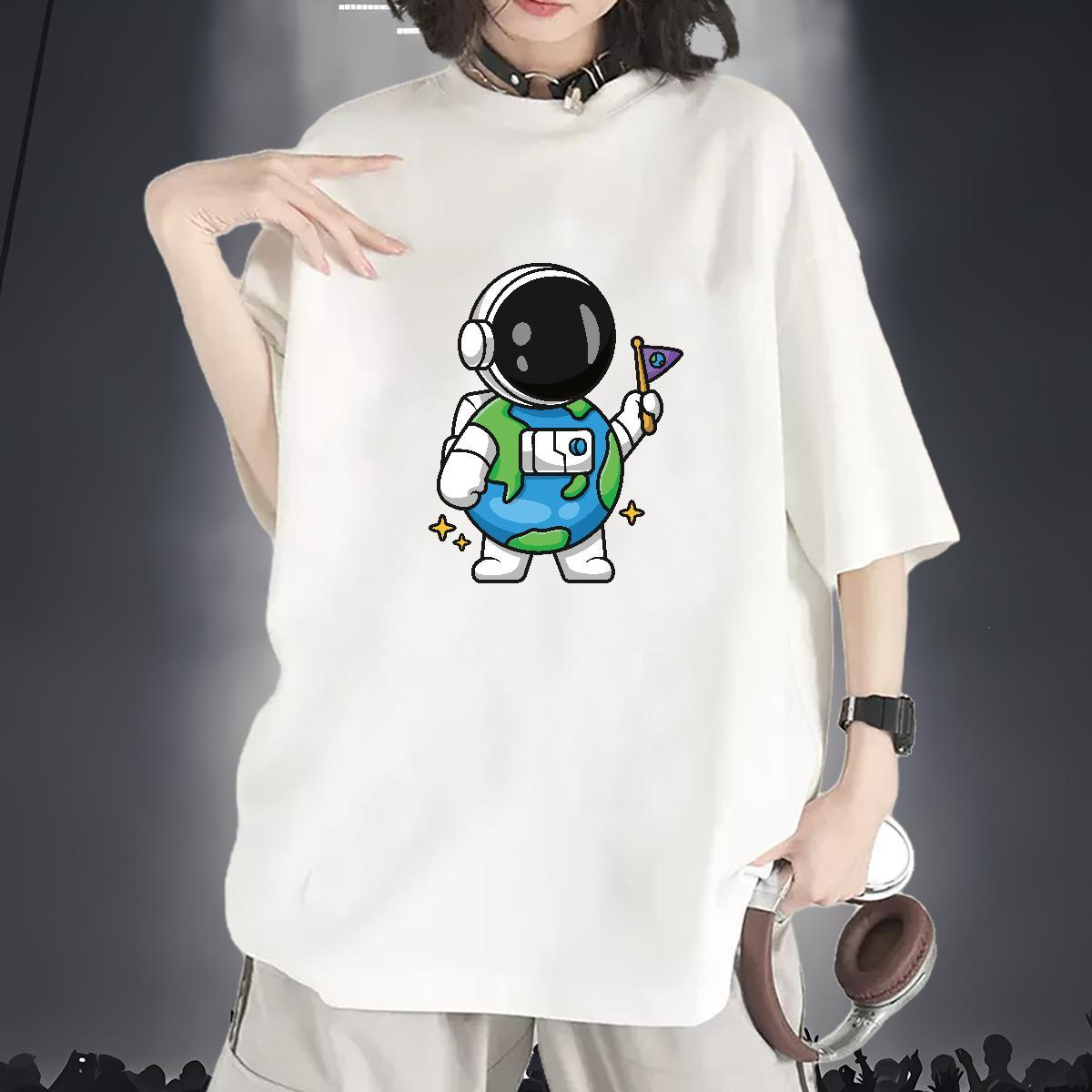 Loose fit Lady T shirt 230g Pure Cotton universe Daily Outfit Women T Shirts O-Neck Short Sleeve Skull Wear