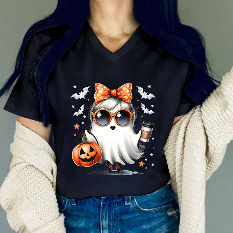 Graphic T Shirts Women Pumpkin Coffee Lovers T-shirt Fashion Ghost Print Woman Funny Halloween Casual T-shirts