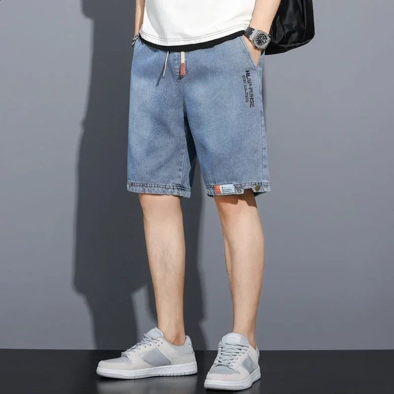 Male Denim Shorts Drawstring Graphic With Text Xl Mens Short Jeans Pants Trend 2024 Korean Style Cowboy Jorts Sale Cut 240824