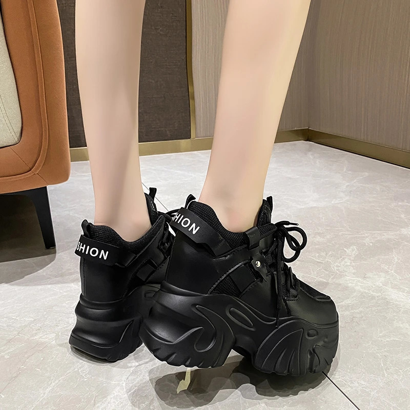 105CM Women Platform Sneakers Lace-up Autumn Sports Dad Shoes High Top Chunky Casual Woman Thick Bottom Mesh White 260415