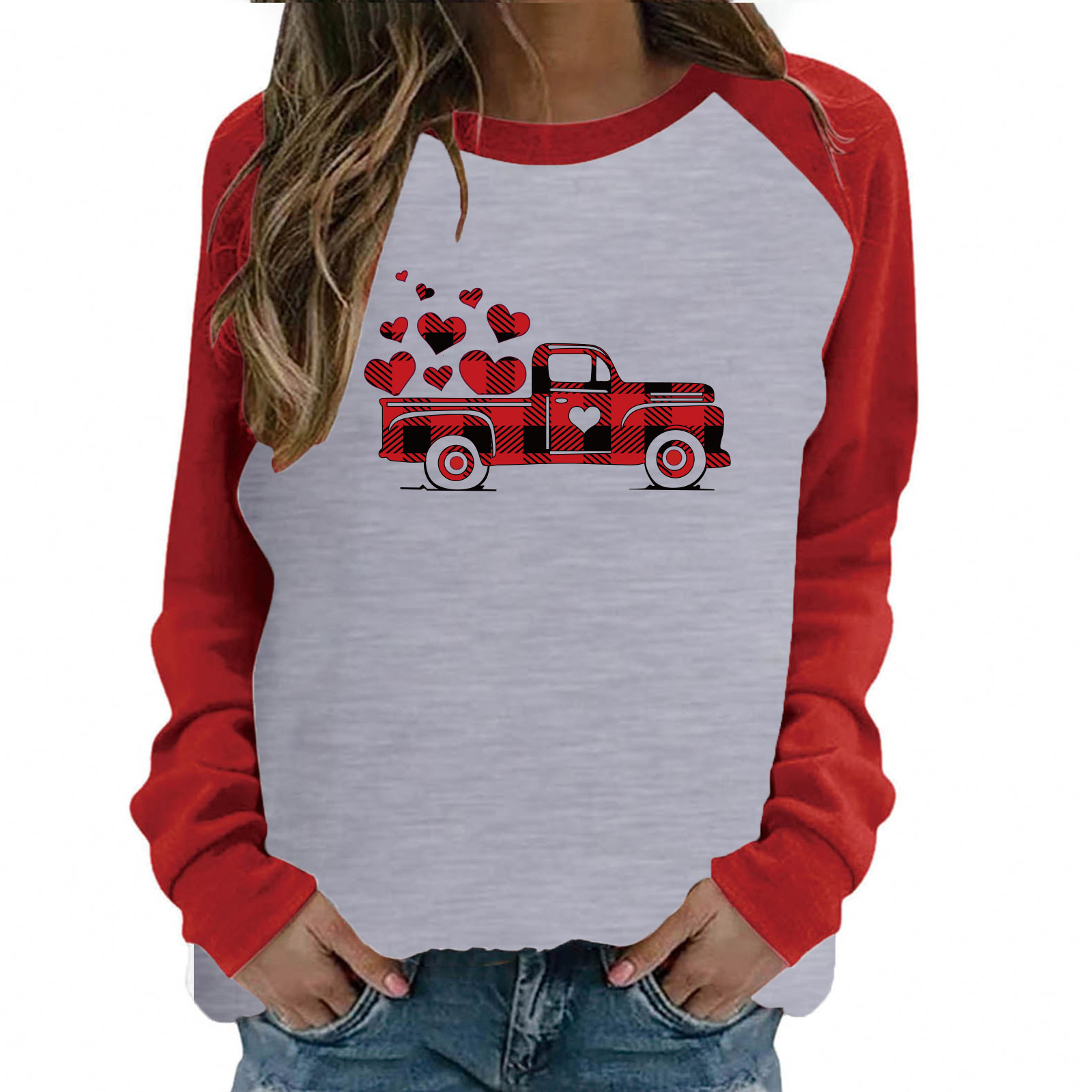 Autumn New Women's Top with Shoulder Insertion Valentine's Day Love Truck Long Sleeve T-shirt dongdumaoyi