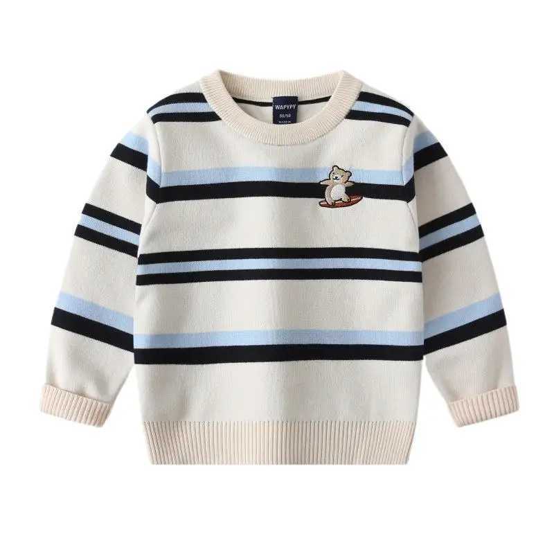 Autumn Baby Boys Sweater Cotton Stripe Embroidery Preschool Boys Knitted Sweater Korean Round Neck Childrens Boys Underwear ZipperW240824