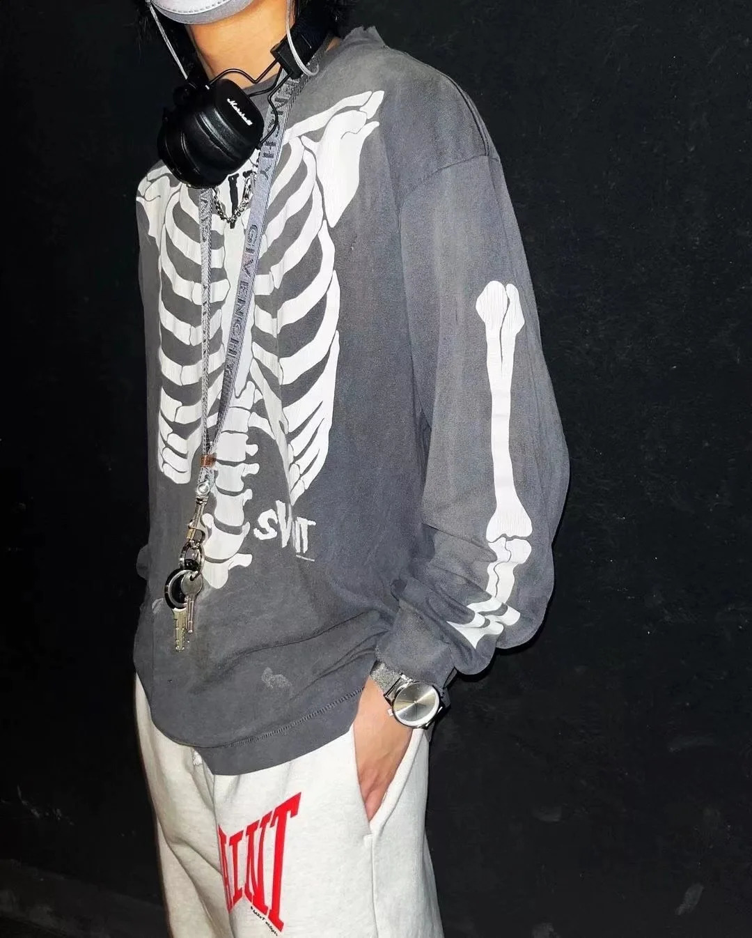 Retro summer skeleton round neck printed loose retro sweater wearing Pullover High Street long sleeved T-shirt 240826 - view 6
