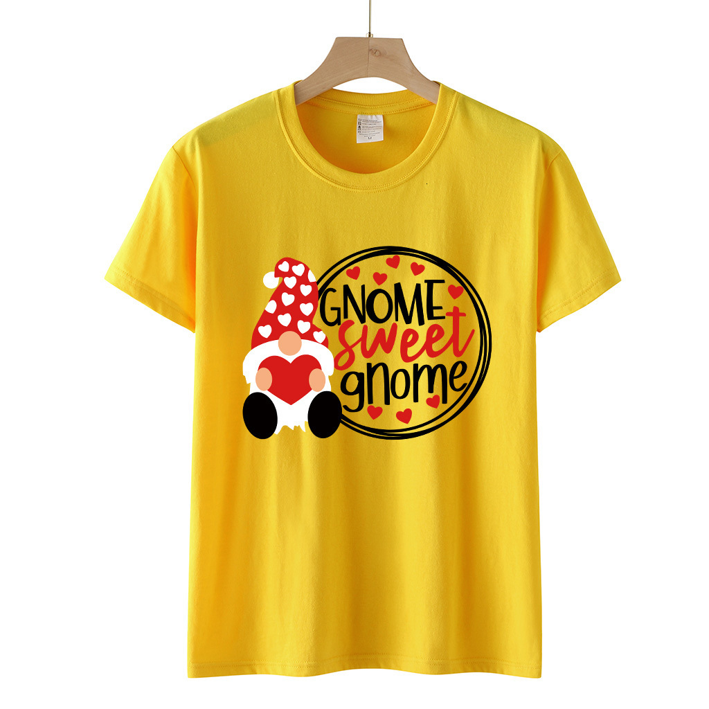 Valentine's Day SWEET GNOME Pattern Printed Loose Headset Short Sleeve Women's T-shirt dongdumaoyi