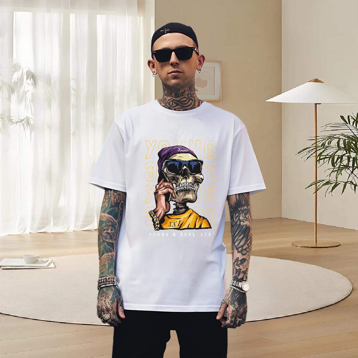 Cool T-Shirts for Men 230g Pure Cotton skull Hip Hop Street Cartoon Print Breathable Short Sleeve Couples T Shirts Stylist Tshirts
