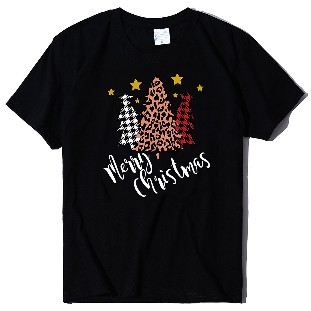 Autumn round neck cotton short sleeved three pine tree printed women's loose T-shirt fashionable casual style dongdumaoyi