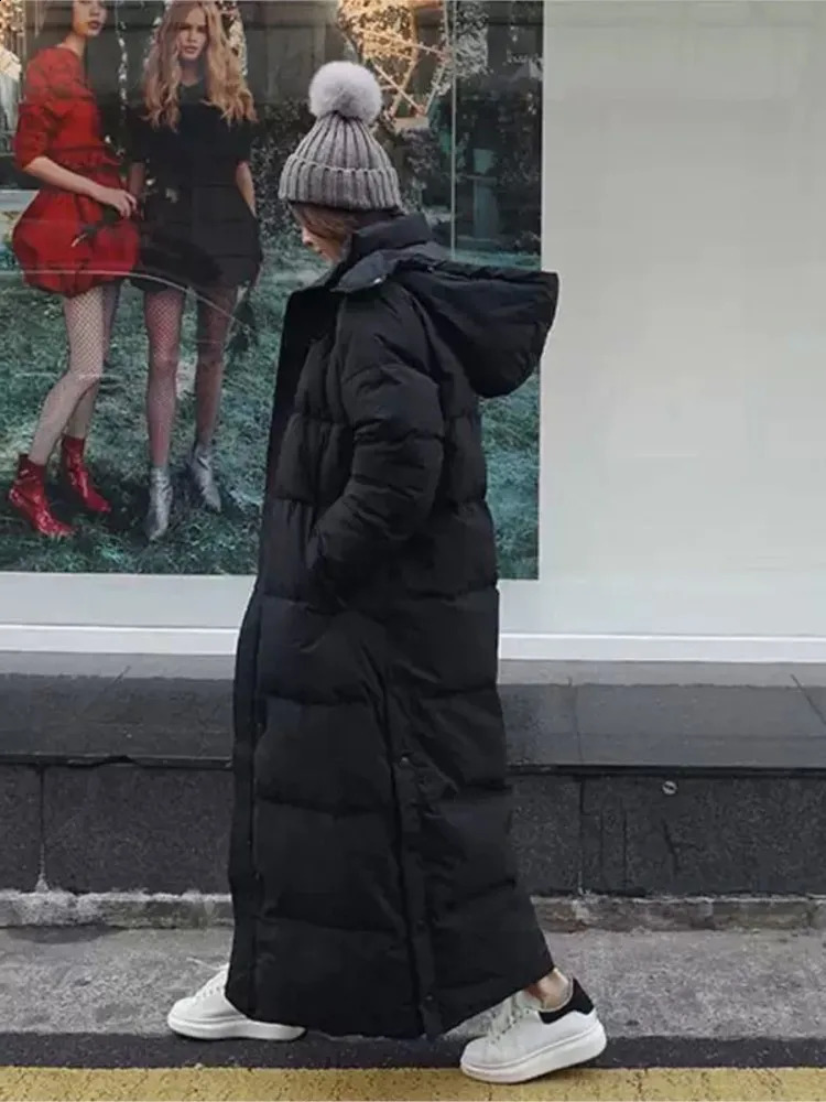 Down parka Super long jacket female knee winter woman with thick black coat in 240824