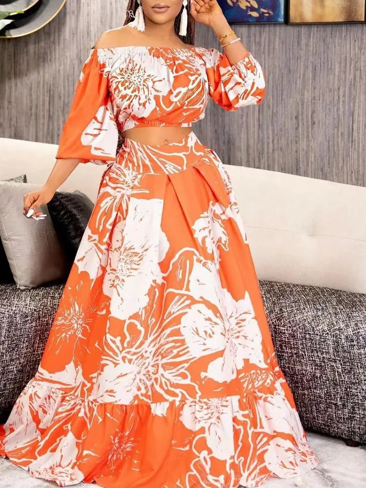 Summer Fashion Boho Print Skirt Womens Sets Sexy V-neck Crop Top Long Skirt 2 Piece Set Elegant Suit Womens Clothing 240826
