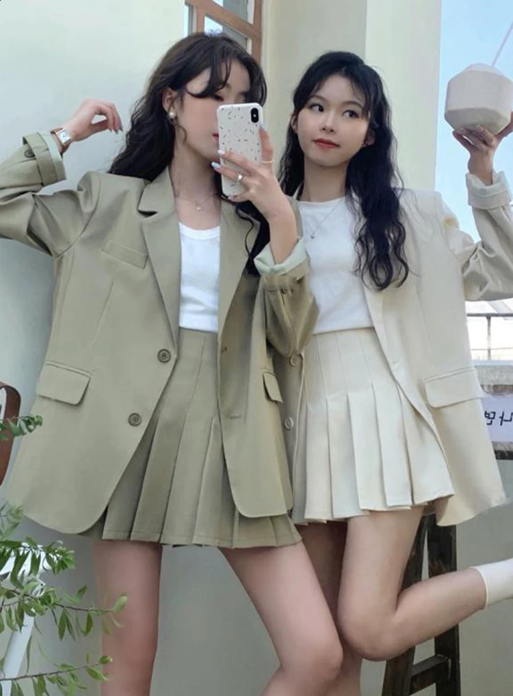 Fashion Spring Autumn 2 Pieces Outfits Suits Women Ladies Clothes Preppy Style Tops Coat Blazer Suit And Pleated Mini Skirt Set 240826