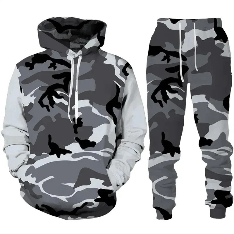 2024 camouflage hooded pants set 3D printed casual mens high-quality track and field suit set fashion mens clothing 2-piece set 240824