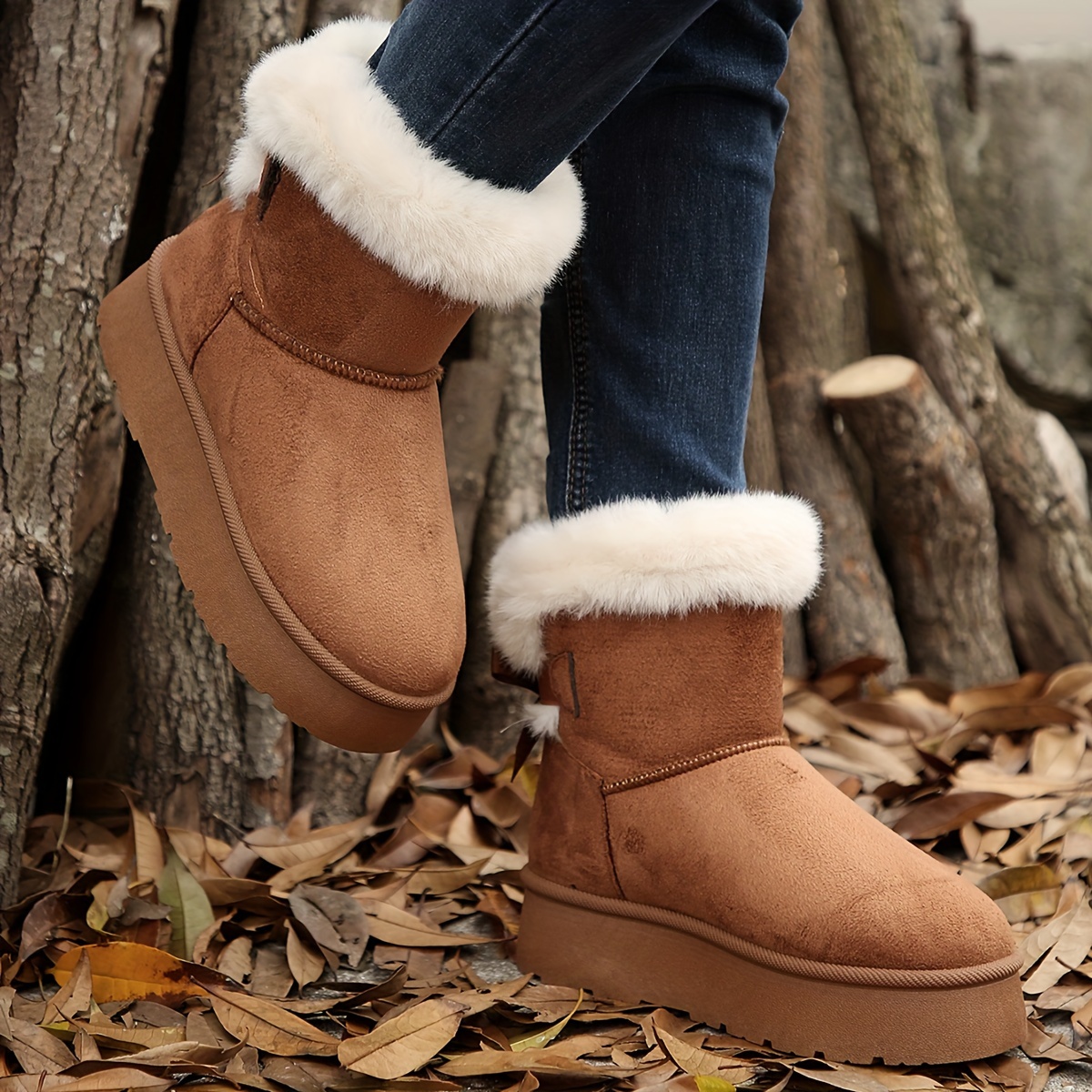 Womens Solid Color Platform Snow Boots Hook and Loop Fastener, Plush Fabric Lined, Comfortable Flat Heel, Round Toe, PVC Sole, Perfect for Casual Wint