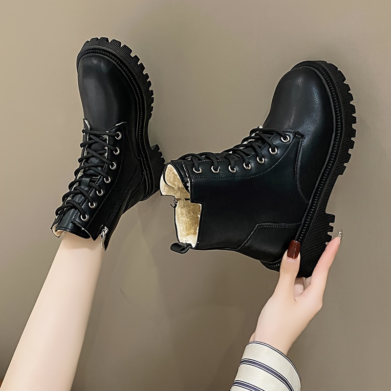 Women's Chic Fluffy Combat Martin Ankle Boots Round Toe Warm Lined, Mid Heel with Non-Slip Sole for Winter Snow boots