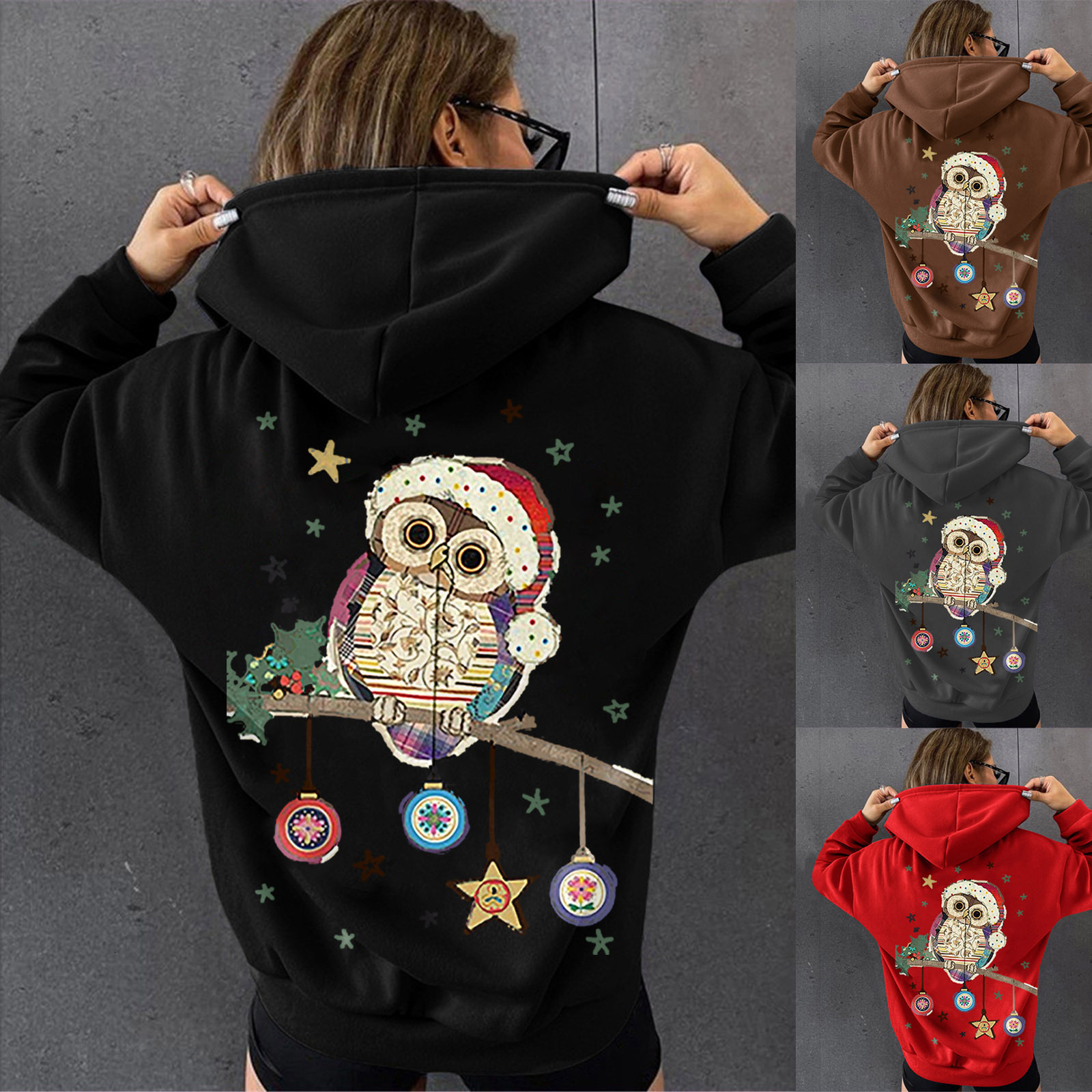 New Christmas hoodie for women with loose fleece hooded sweatshirt and owl print jacket dongdumaoyi