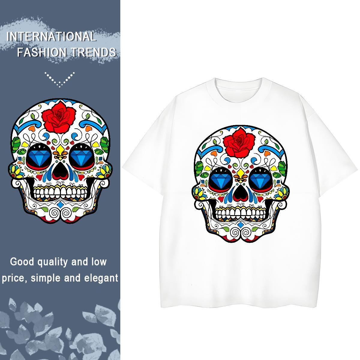 Wholesale T-Shirts 230g 100% Cotton skull Street Casual Cartoon Printing L-4XL Round Neck Short Sleeve Tshirt for Man Woman Fashion Casual Tshirts