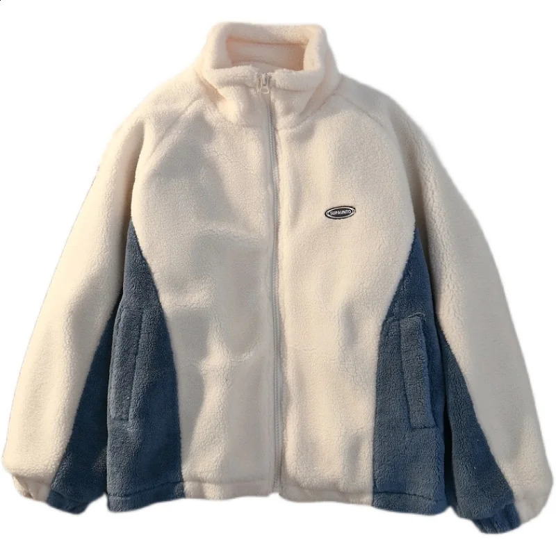 Autumn and Winter Oversized Thick Warm Contrast Color Lambwool Jacket Long Sleeve Loose Casual Faux Fur Coat Men Q03 240826