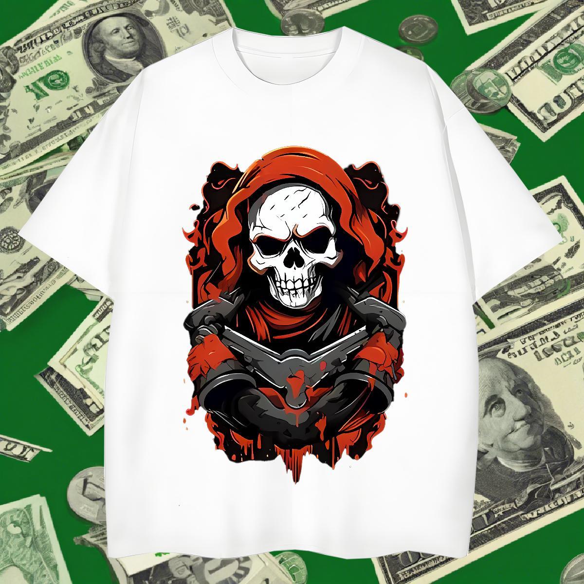 Classic Mens T Shirts 230g Pure Cotton skull Hip Hop Anime Print O-Neck Short Sleeve Men Clothes T-Shirt Fashion New Tshirts