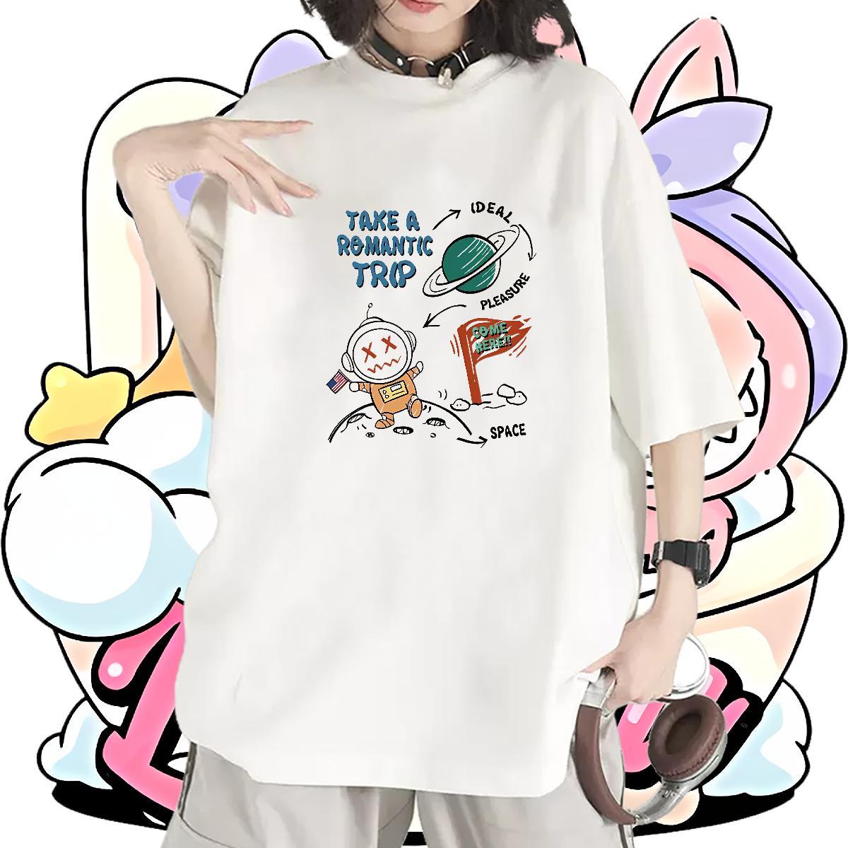 Loose Lady T shirt 230g Pure Cotton spaceman Daily Outfit T-Shirts Crew Neck Breathable Oversized Tops