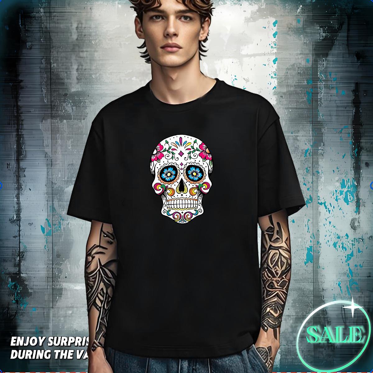 Free Shipping Men T Shirts 230g Pure Cotton skull High Street Hip Hop DIY Logo Oversized Short Sleeve O-Neck Men Tshirts Fashion Tops Tees
