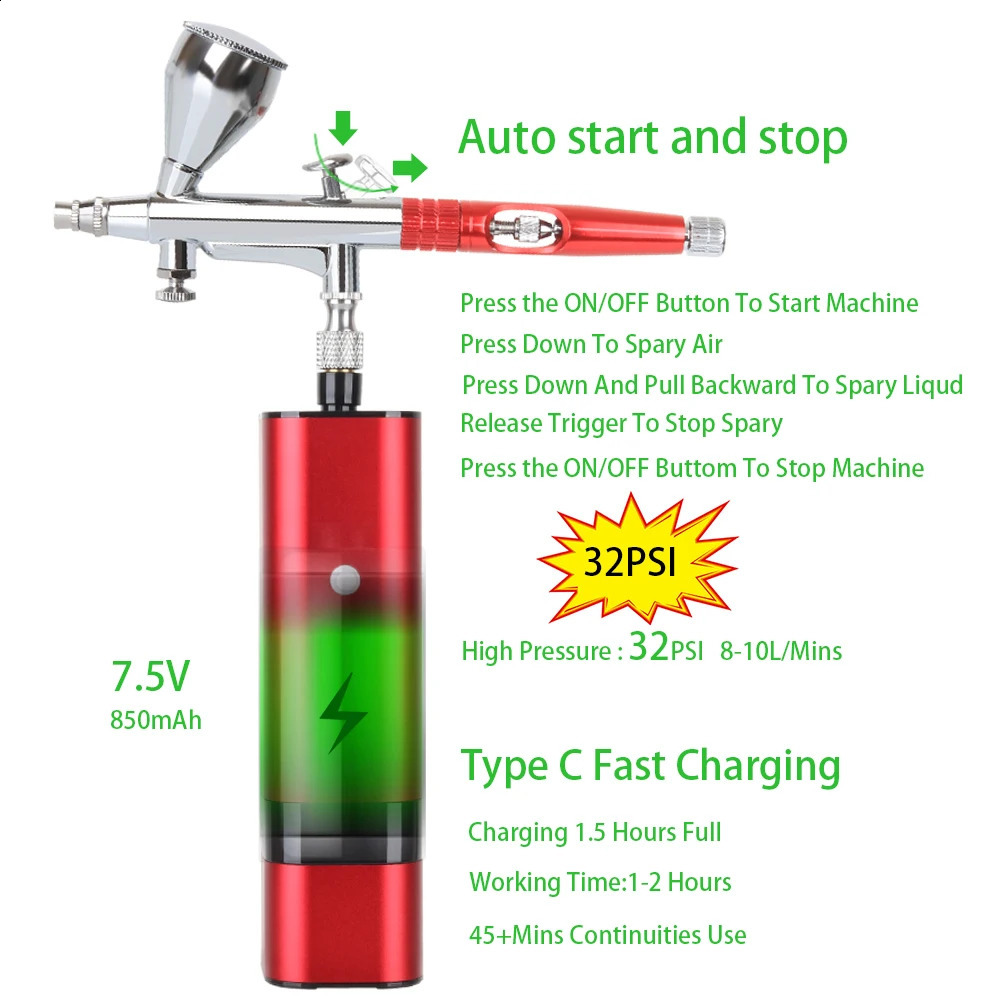 RIBO portable spray gun with automatic mini air brush equipped with compressor kit quiet art cake nail model painting tattoo hand tool 240823