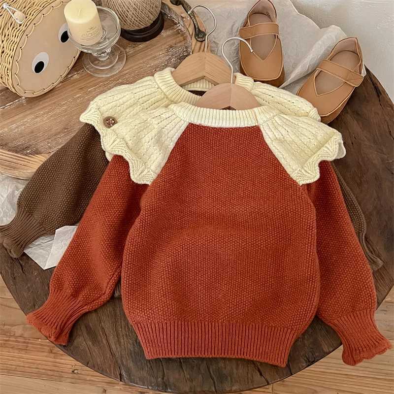 Girls Sweater 2024 Autumn/Winter Korean Edition Fashion Ruffle Collar Childrens Girls Retro Knitted Splicing Thick Baby Girls TopW240824