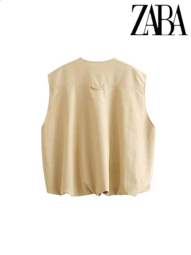 TRAF Womens Elegant sleeveless round neck zip waistcoat Pocket decorative loose khaki jacket Comfortable leisure womens vests 240826
