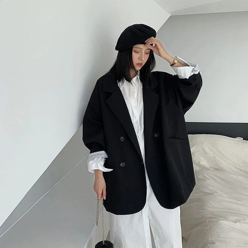 Vintage Blazers Women Elegant Solid Loose Coat Spring Fall Casual Oversized Suit Office Lady Work Long Sleeve Minimalist Jacket 240826