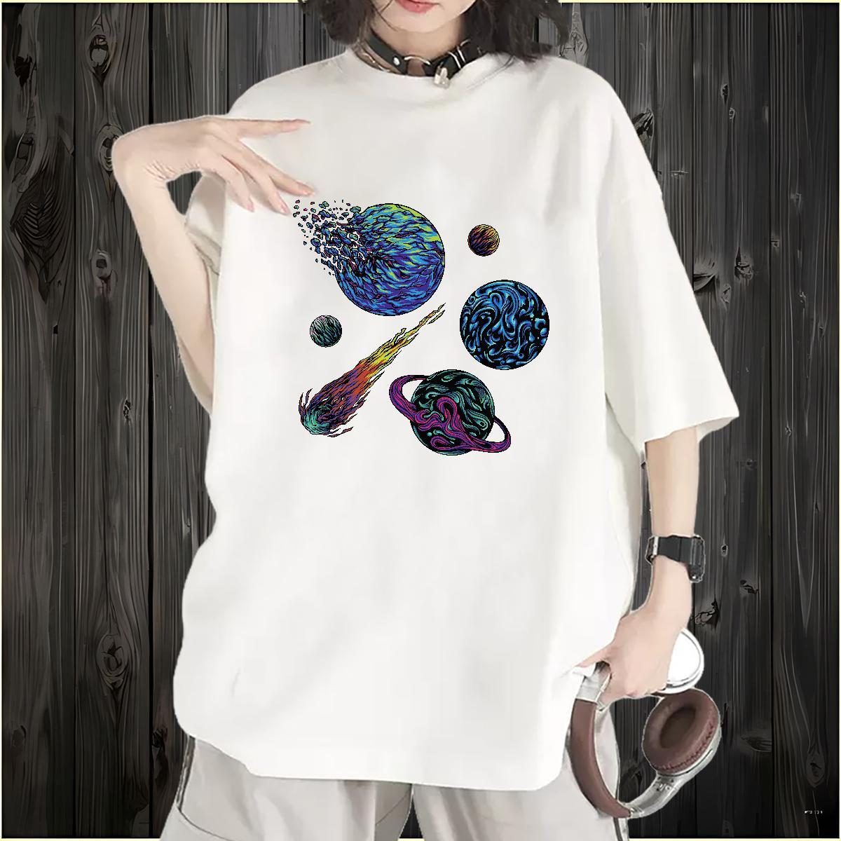 Loose Women Tees 230g Cotton planet Summer Casual T Shirt For Woman O-Neck Short Sleeve Oversized Tees Shirts