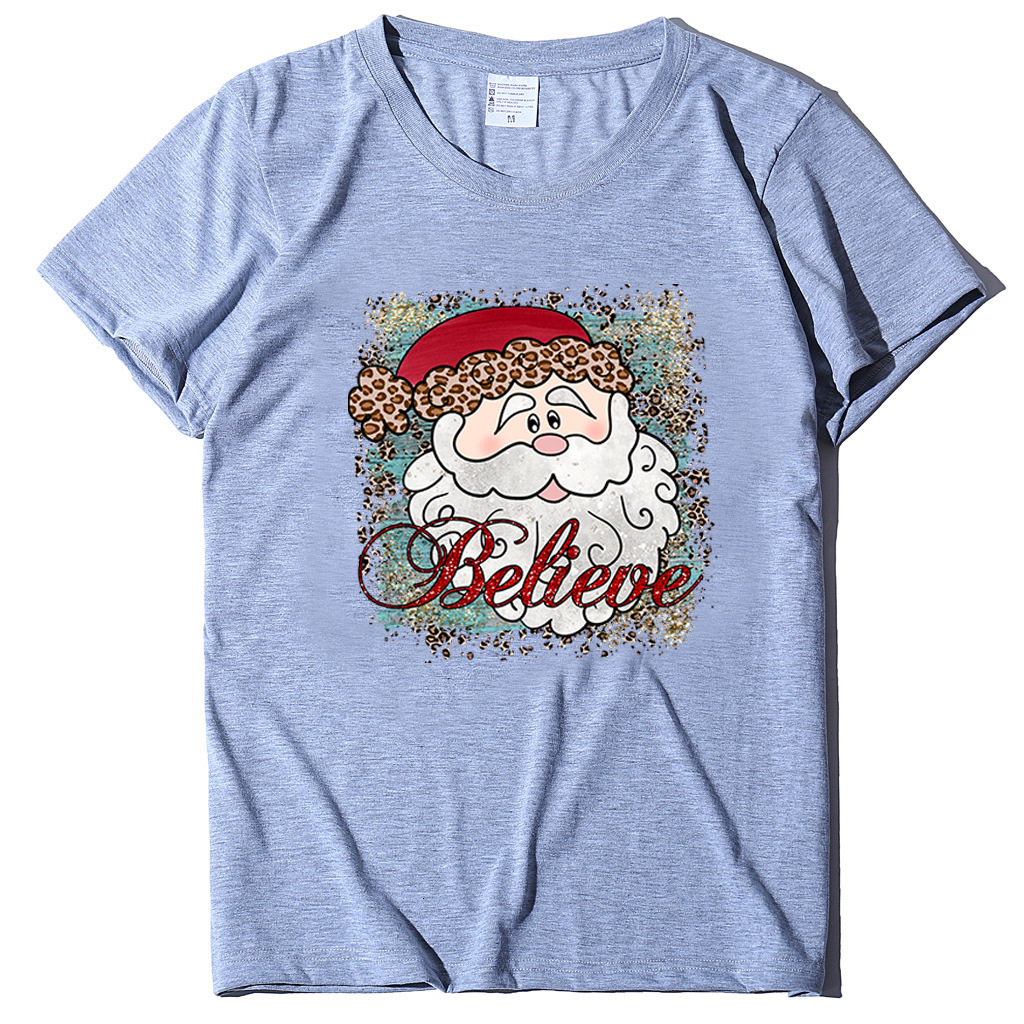 New Believe Pattern Printed Casual Short Sleeve Christmas Women's T-shirt Round Neck dongdumaoyi