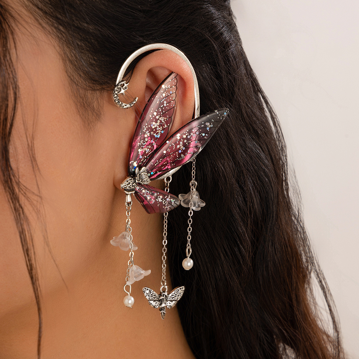 Forest style elf tassel hanging, butterfly shaped earring accessory, wing ear clip