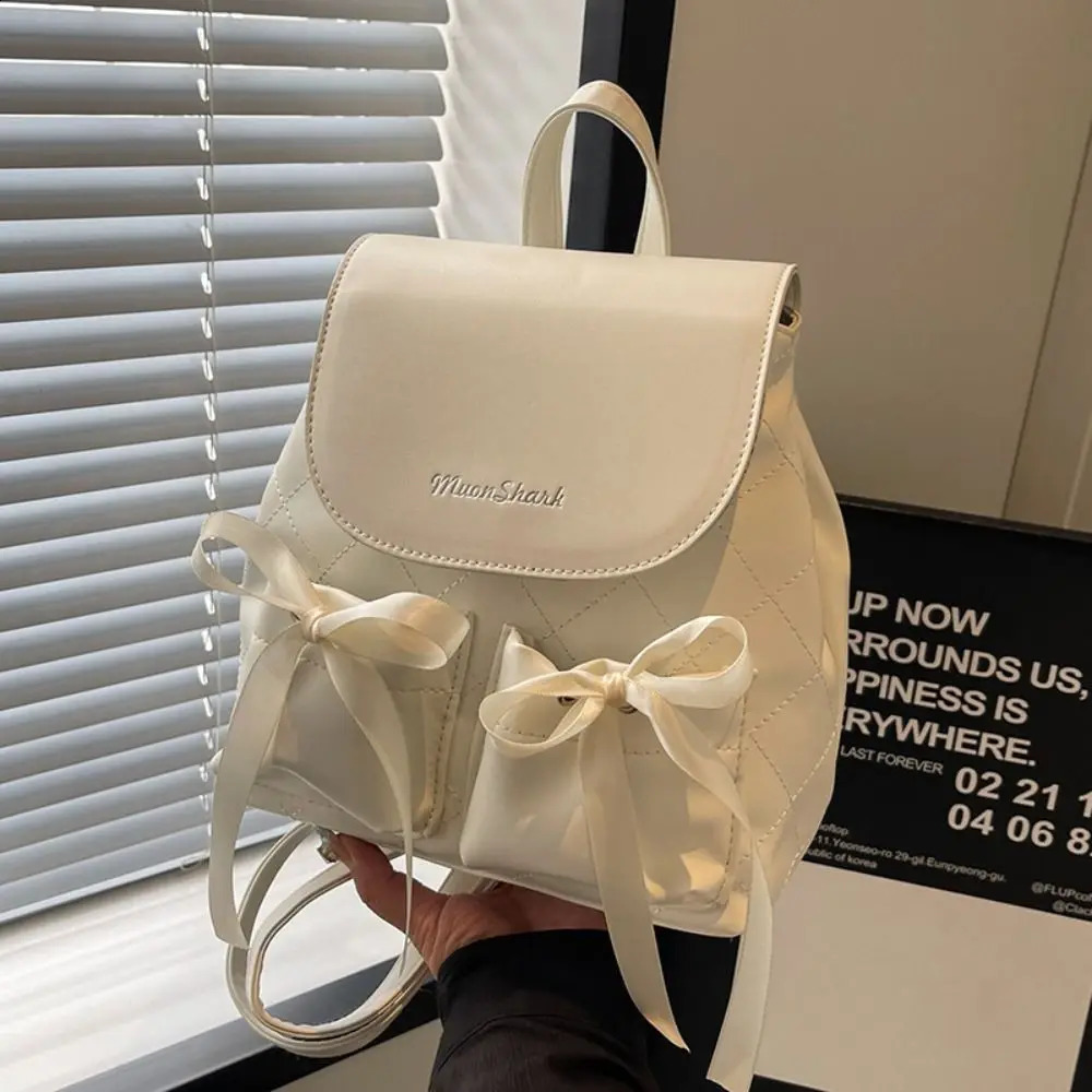 Korean style bow backpack ballet style large capacity nylon drawstring Knapsack solid color double bow Y2k backpack 240912