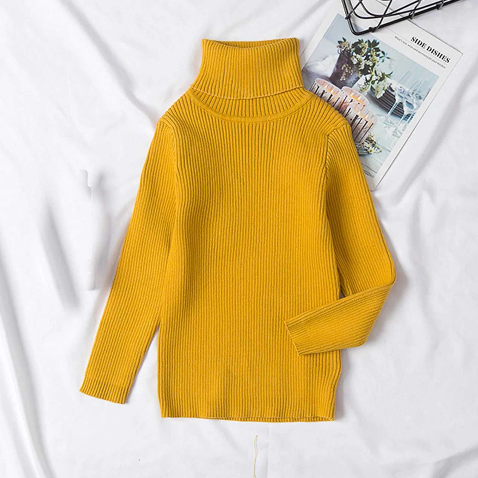 Childrens solid color knitted bottom sweater with floral pattern childrens clothing for autumn and winter new baby boys and girls turtle neck sweaterW