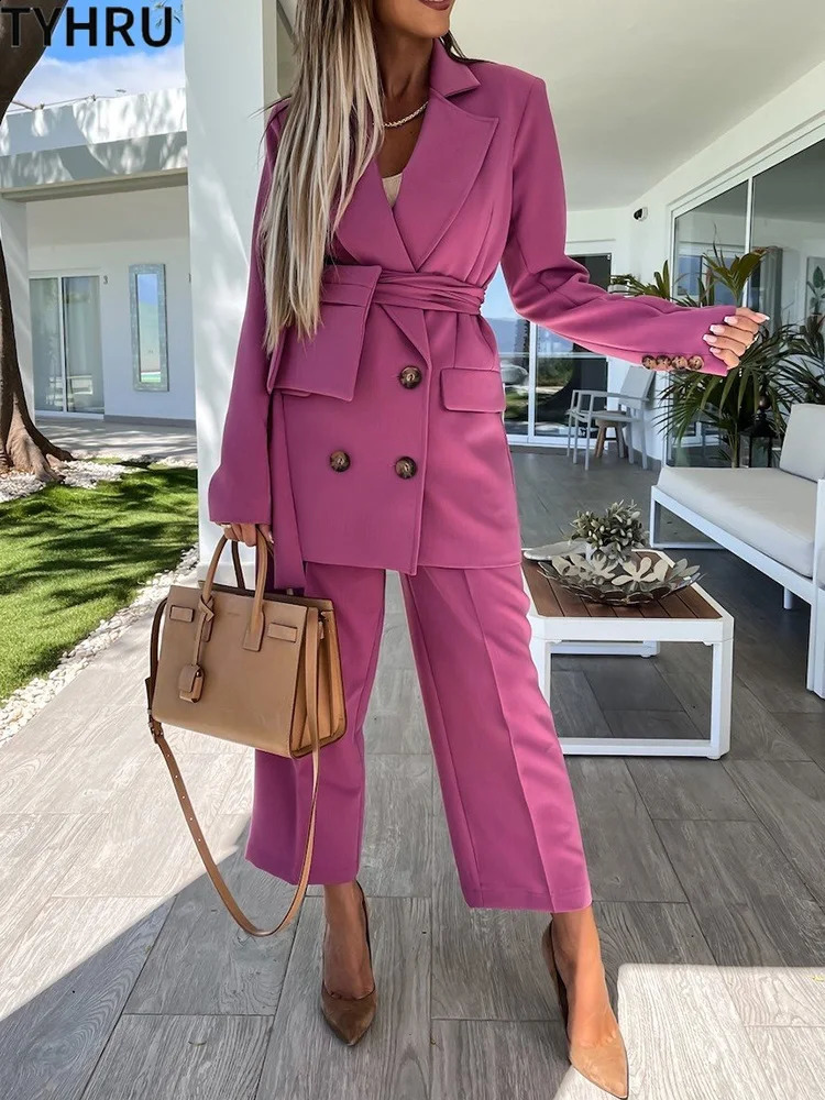 TYHRU Women office Pant Suit Double breasted Full Sleeve Blazers JacketWide leg Pant Two Pieces Set Lady Outfits Work Clothes 240826