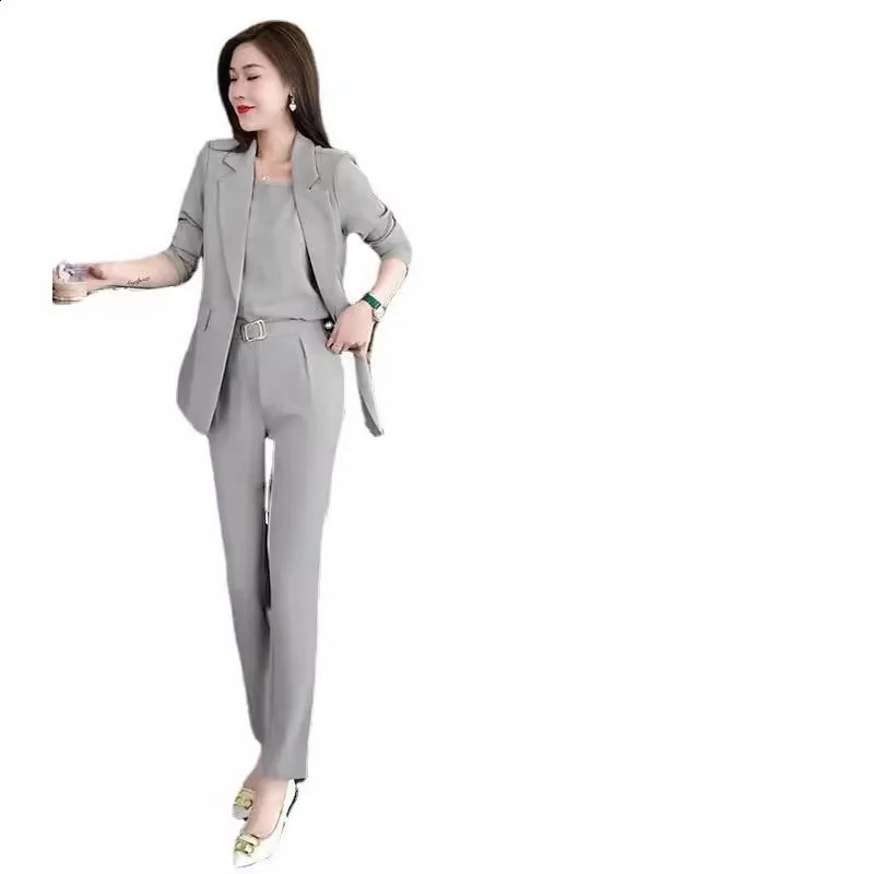 Summer Thin Jacket Blazer Casual Pencil Pants Vest Three Piece Set Elegant Womens Pants Set Office Outfits Business Clothing 240826