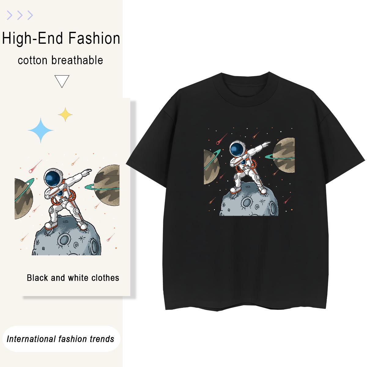 Loose Couples T Shirts 230g 100% Cotton cosmonaut Summer Casual T Shirts Women O-Neck Short Sleeve DIY Anime Printed Top Tees