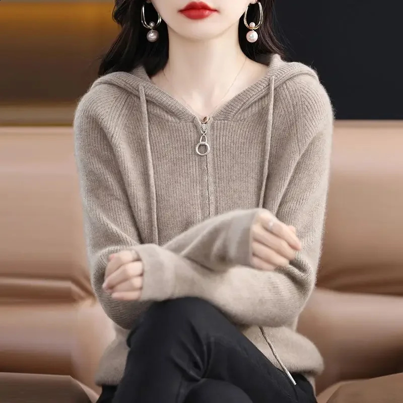 Fashion Woman Blouses Knitted Hooded Long Sleeve Vintage Casual All-match Solid Color Zipper Sweaters Cardigan 240824