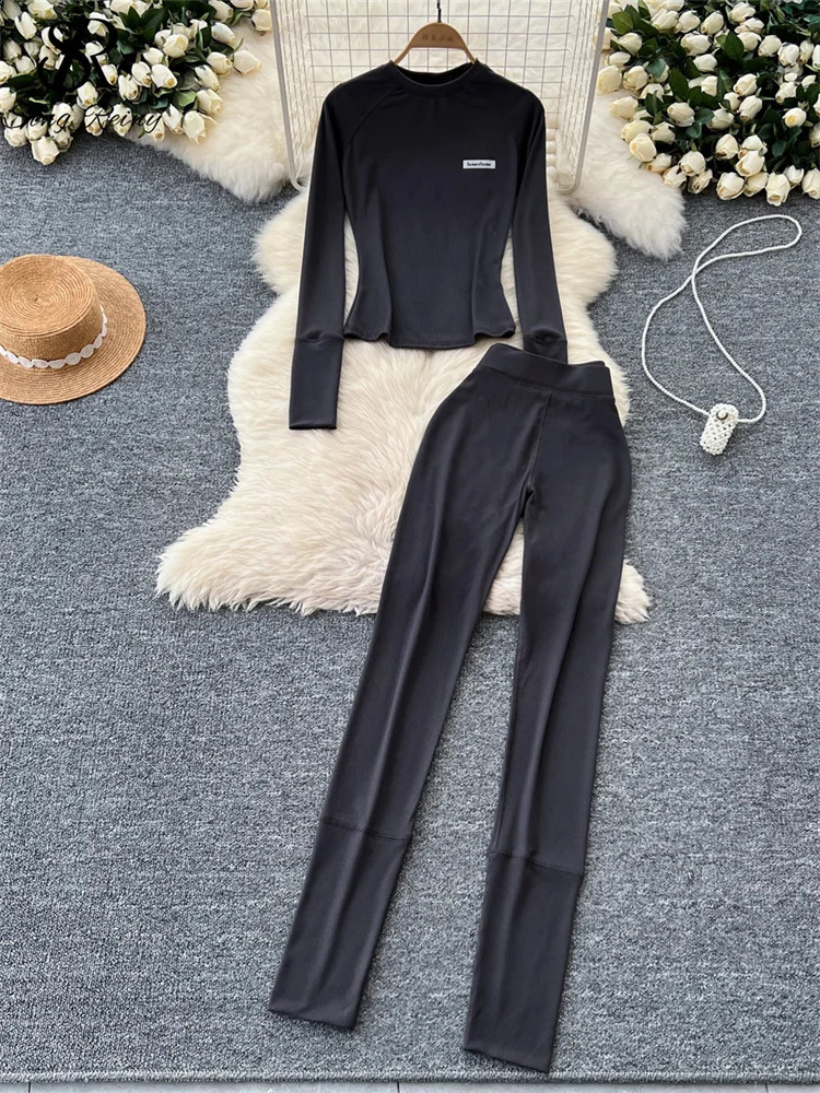 SINGREINY American Casual Sporty 2PC Suits Ladies O-Neck Letter Print Bodycon TopHigh Waist Skinny Pencil Pants Fashion Sets 240826