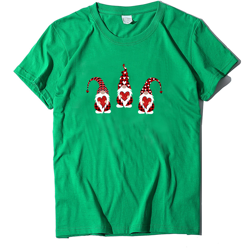 trendy T-shirt with three Santa Claus holding hearts printed multiple colors, available in cotton short sleeves dongdumaoyi