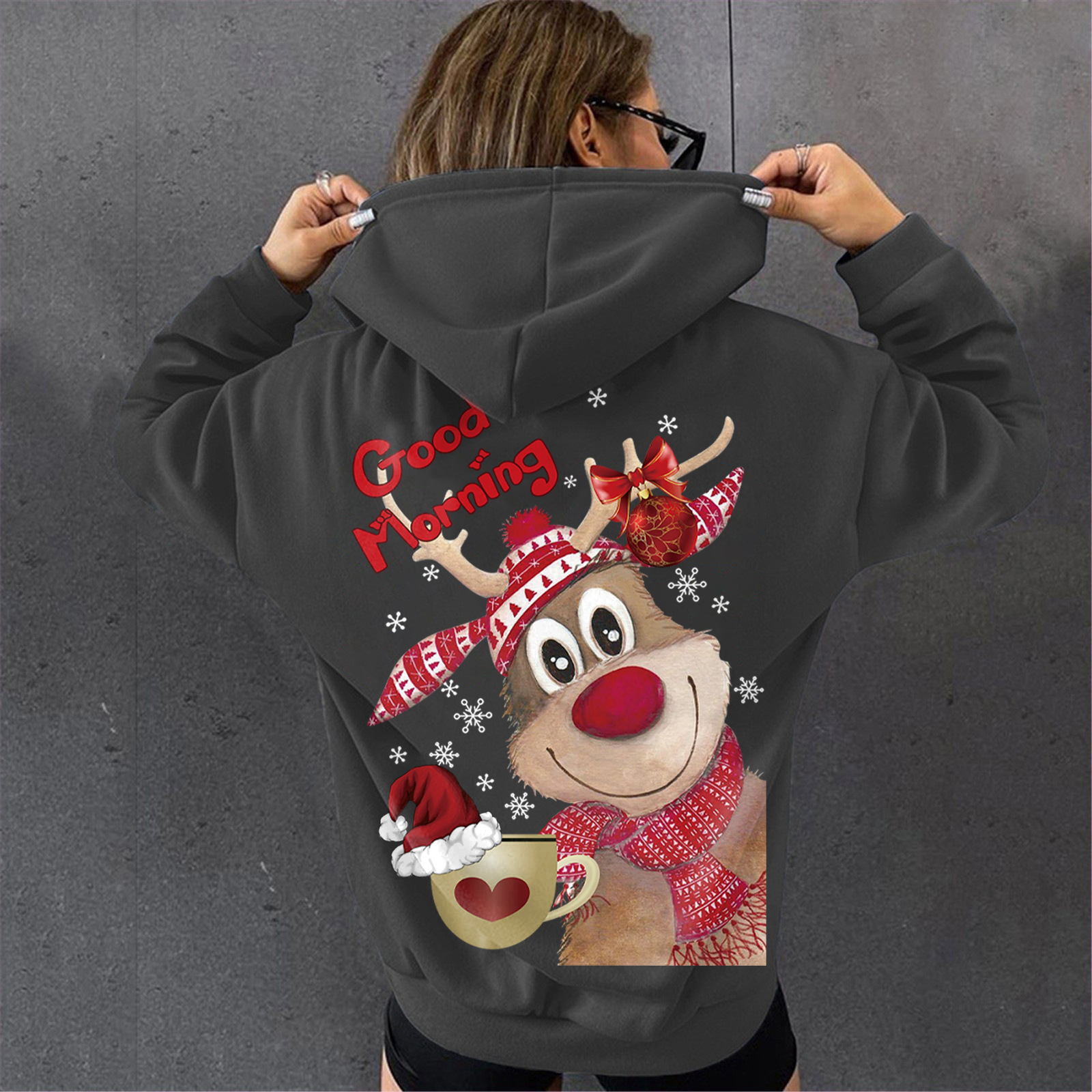 Winter Women's Plush Loose Christmas Elk Printed Hoodie dongdumaoyi
