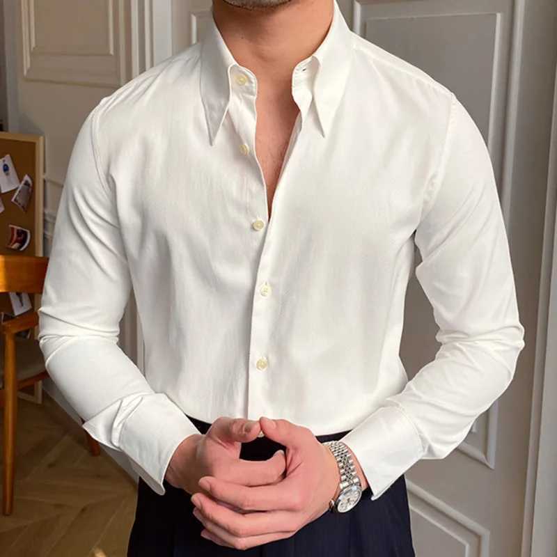 Spring casual British business shirt design British mens Cuban collar ultra-thin pure white shirt Camisa Social Masculina mens shirt M240826