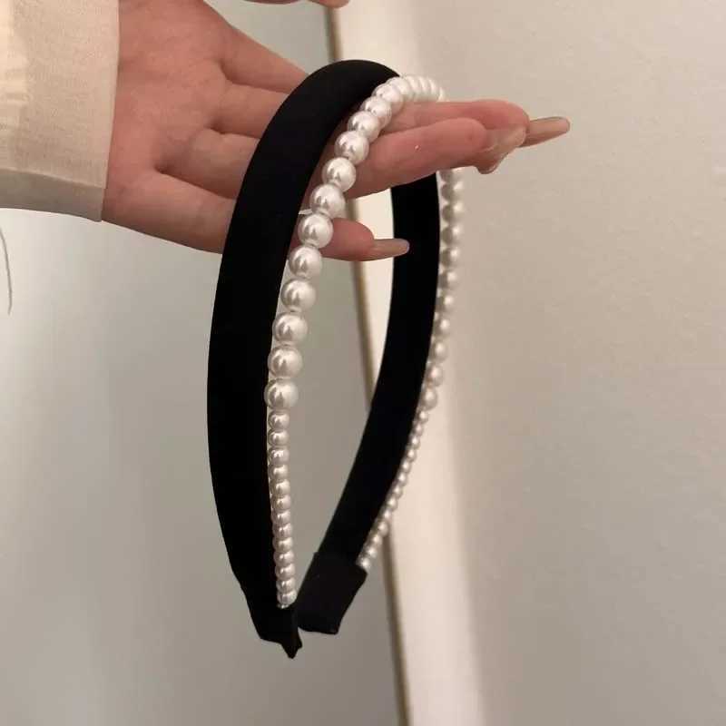 Narrow satin pearl double-layer headband womens headband retro elegant black and white sponge headband wedding hair accessory M240826
