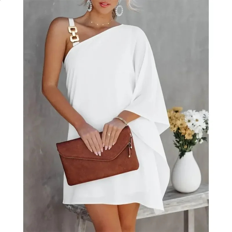 Summer Womens One Line Diagonal Neck Off Shoulder Dress Fashion Printed Solid Color Dress Metal Strap Bat Sleeve Dress 240824