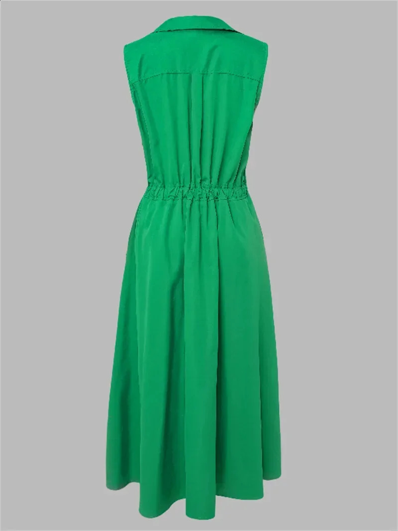 Krisnana Vestidos Urban A-line Dress For Women Summer Korean Fashion Sleeveless Solid Color Lapel Midi Dresses Simple Clothes 240815