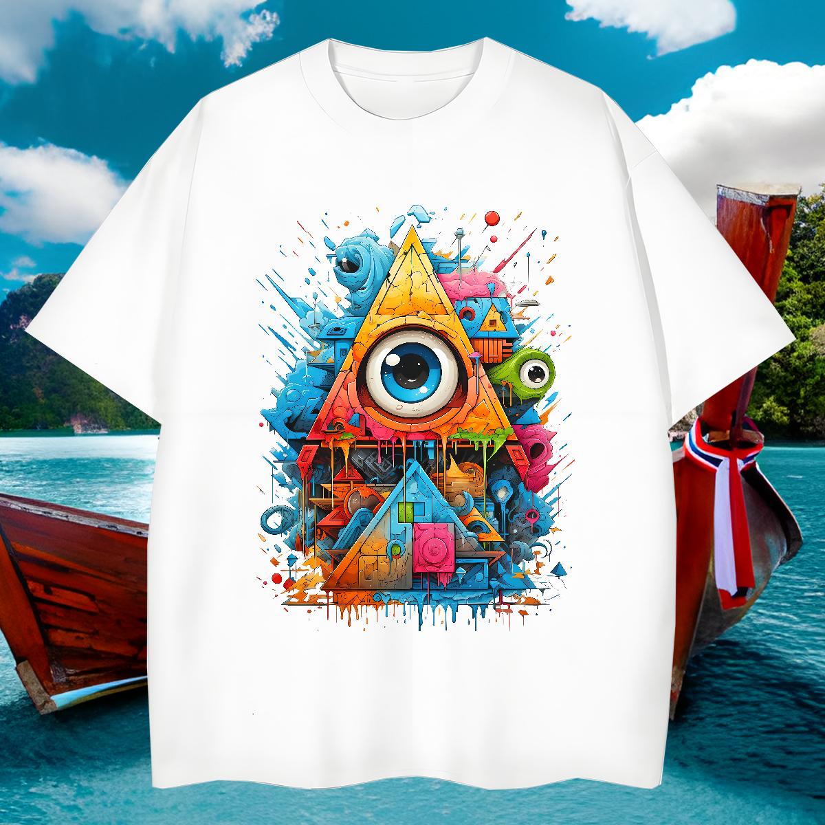 Cool T-Shirts for Men 230g Cotton eye of the devil Street Wear Anime Print Round Neck Short Sleeve Tshirt for Man Woman Wholesale Tops Tees