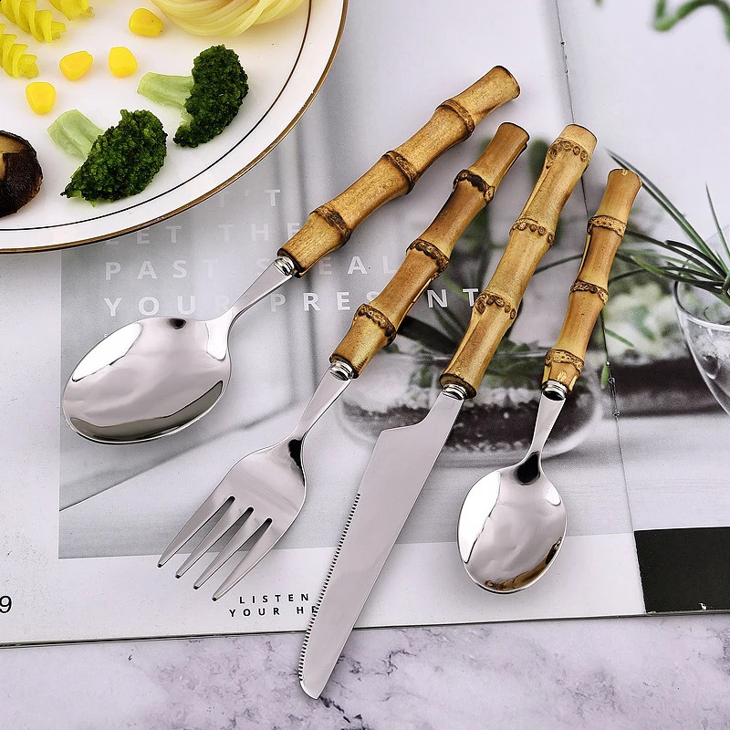 24 piece bamboo tableware set with stainless steel natural handle vintage cutlery knife table fork spoon dessert gift 240826