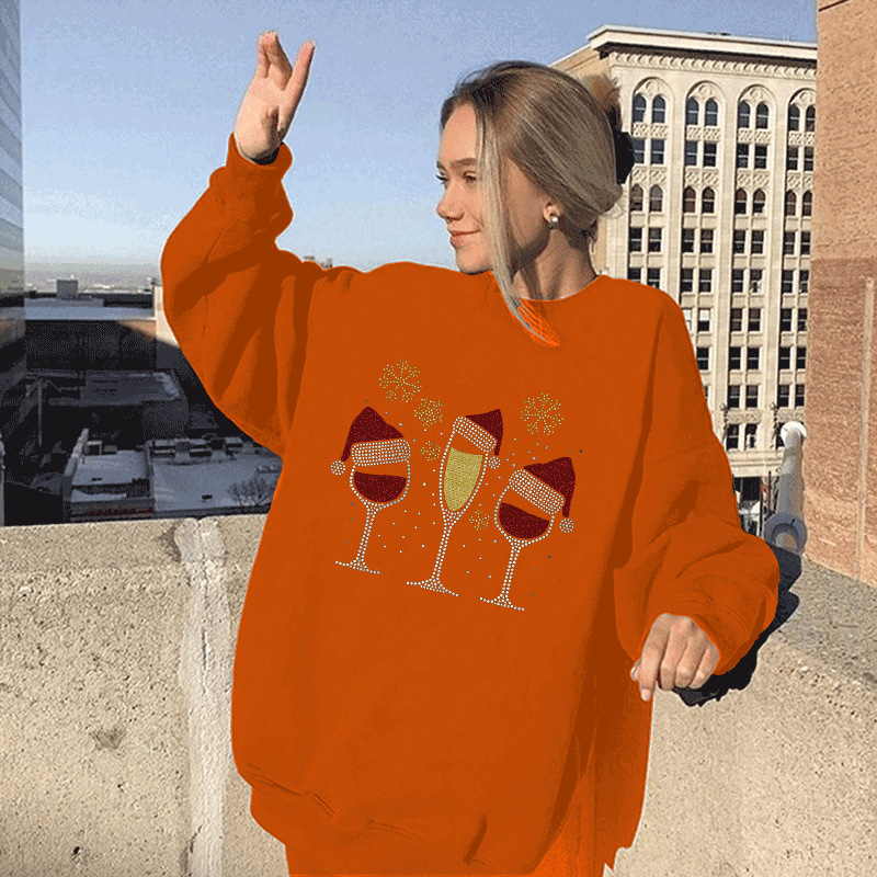 New women's with European size wine glass print round neck shoulder down sweatshirt dongdumaoyi