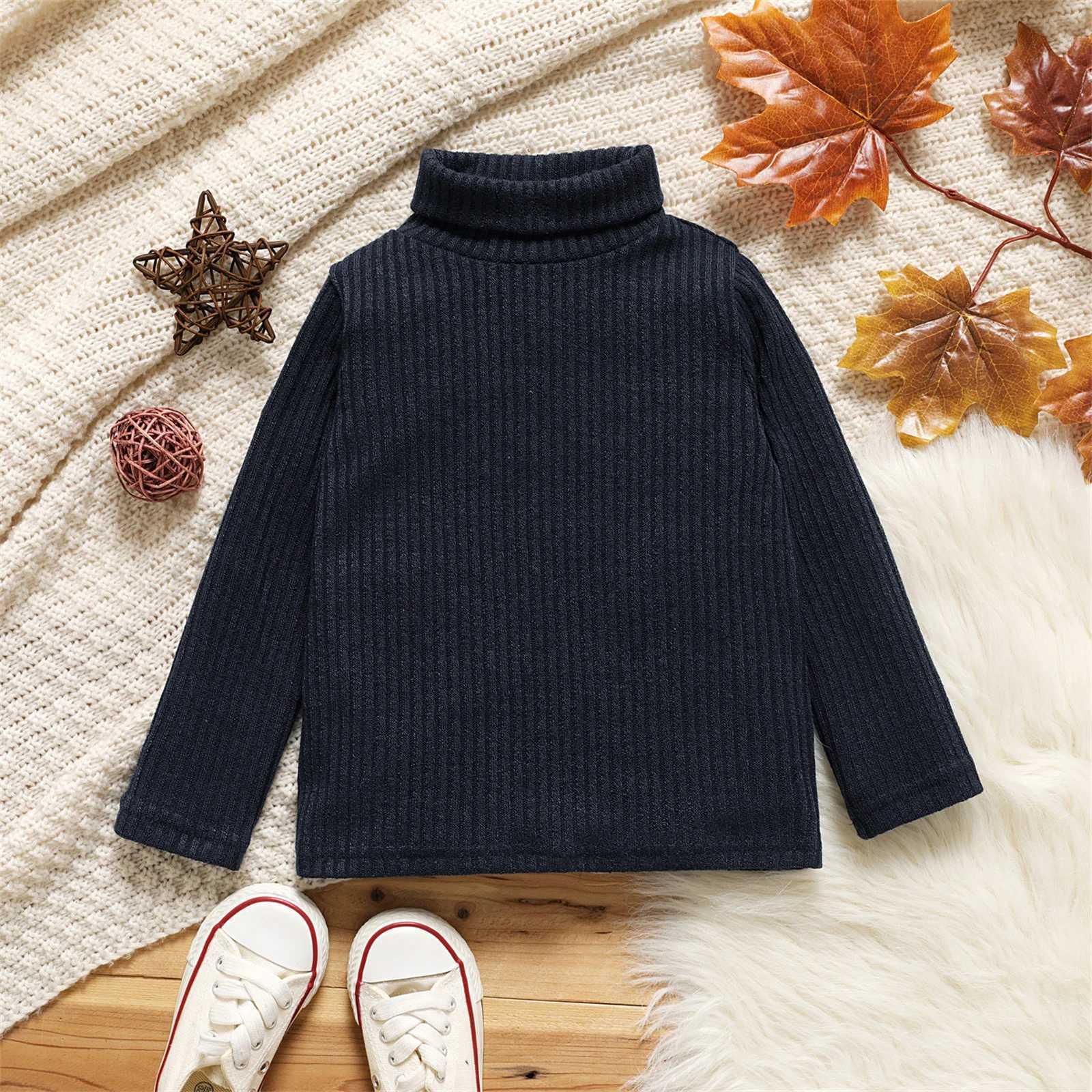 Preschool Girl Turtle Neck Ribbon Solid Color Long Sleeve Sweater Soft and Comfortable Perfect for Outdoor and Daily WearingW240824
