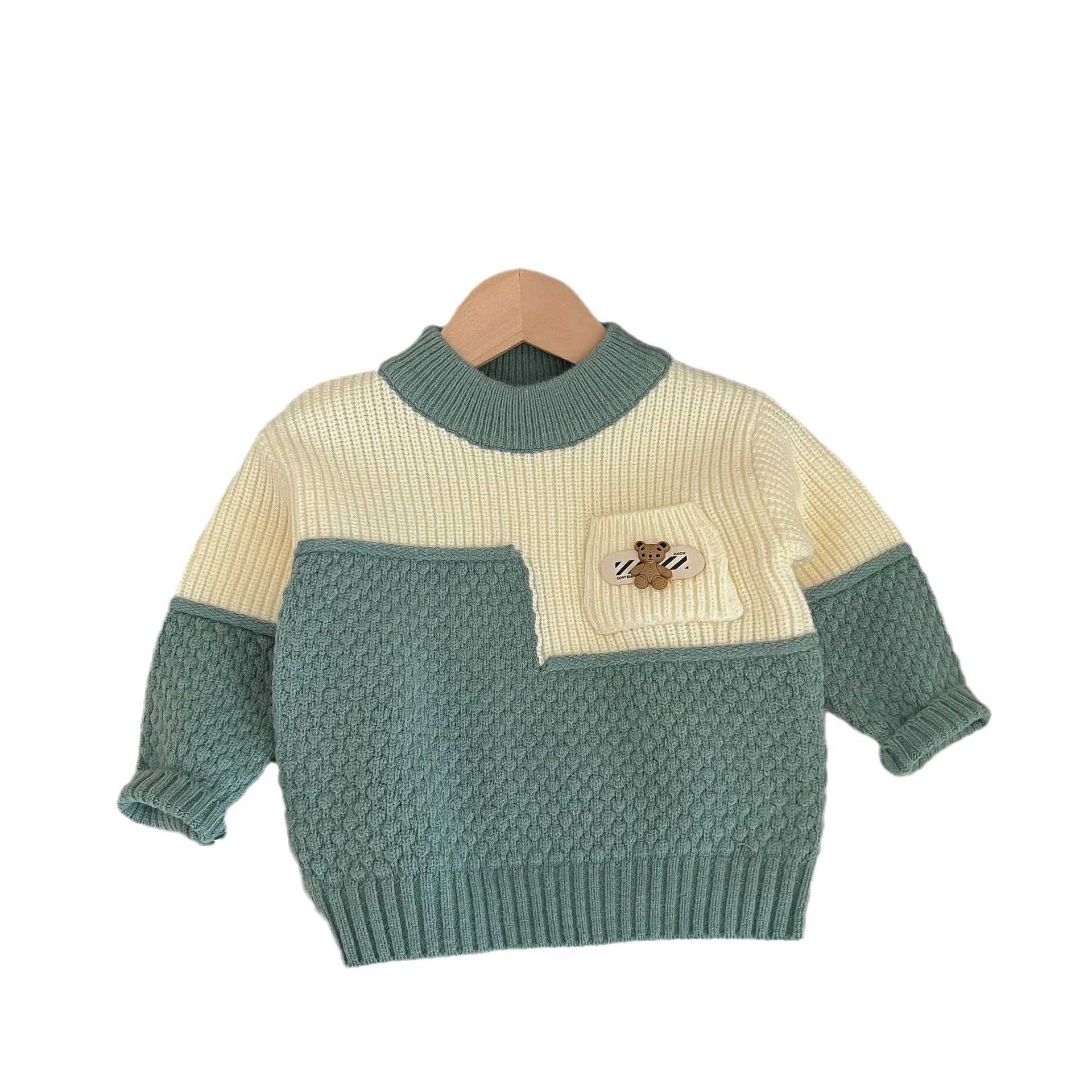 Autumn childrens sweater embroidered bear patchwork baby boy latte cotton round neck long sleeved knitW240824