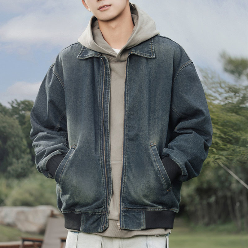 Mens denim jacket spring and autumn shoulders oversized exterior wash mens zipper lapel jeans vintage streetwear 240824