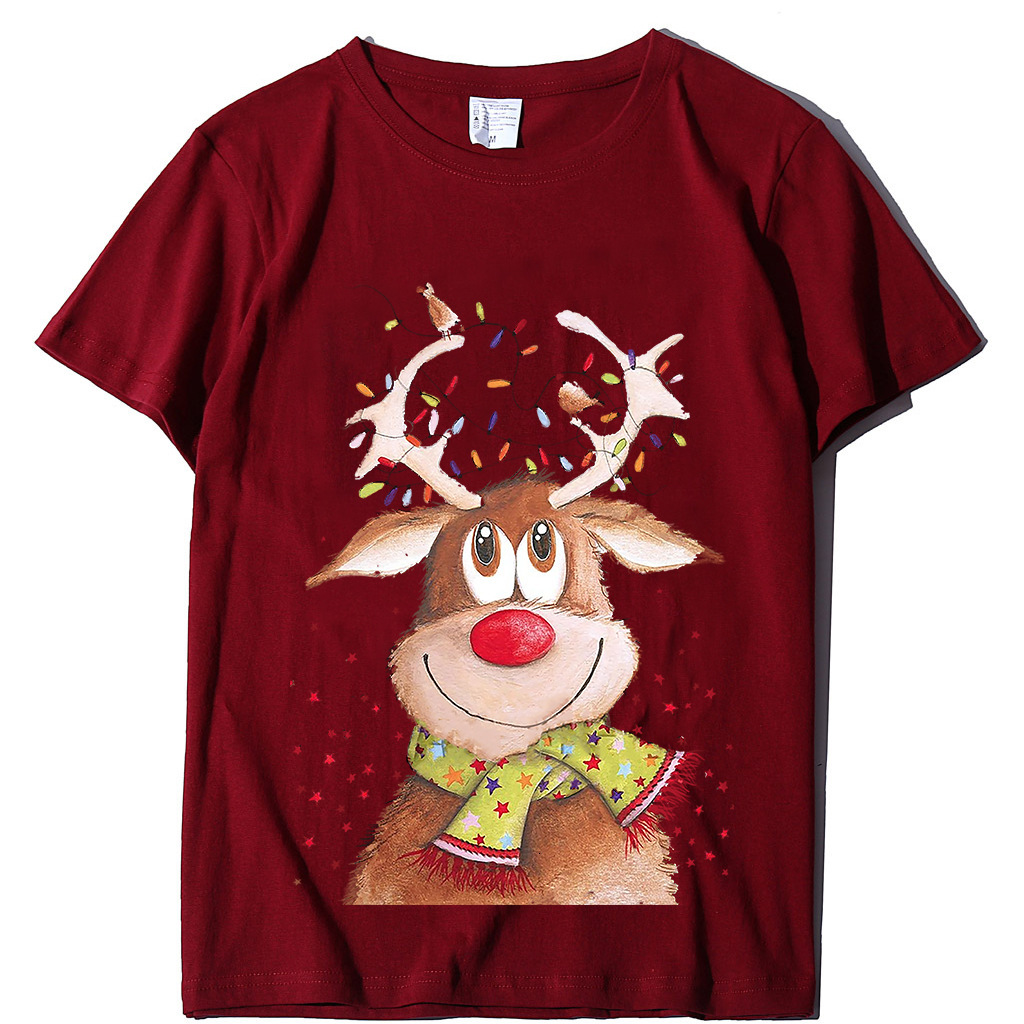 New Short sleeved Women's Top Christmas Elk Printed T-shirt Loose dongdumaoyi